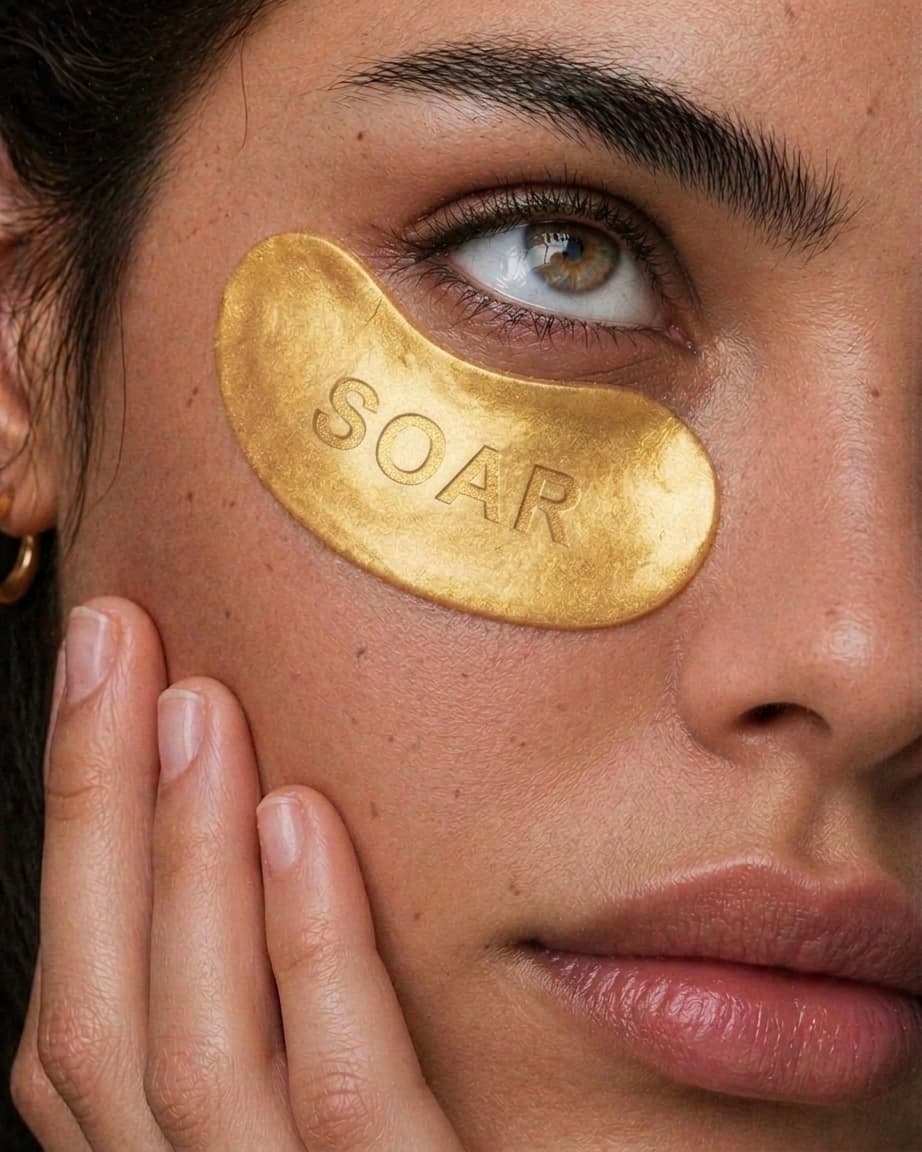 Mujer con parche de hidrogel dorado bajo el ojo
